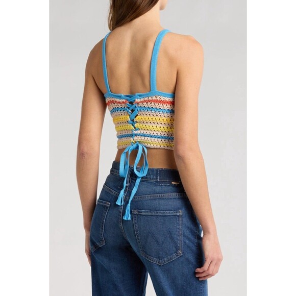 MOTHER The Cinch Candy Stripe Crochet Halter Crop Top Tie Back XS Festival Boho - Picture 2 of 8